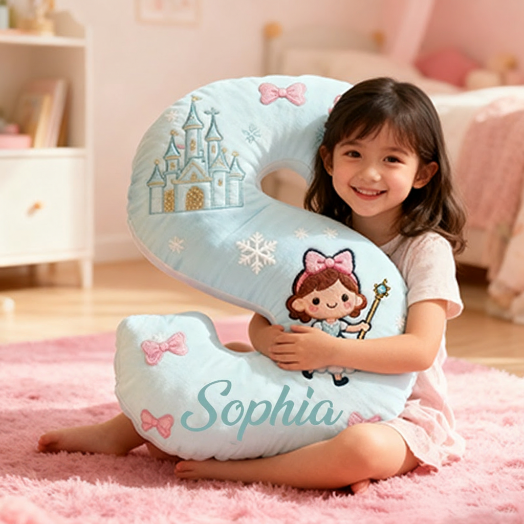 Personalized Light Blue Letter Christmas Gift Pillow with Castle Bow Accents and Fairy Princess Design for a Magical and Whimsical Touch 3D Print Pillow