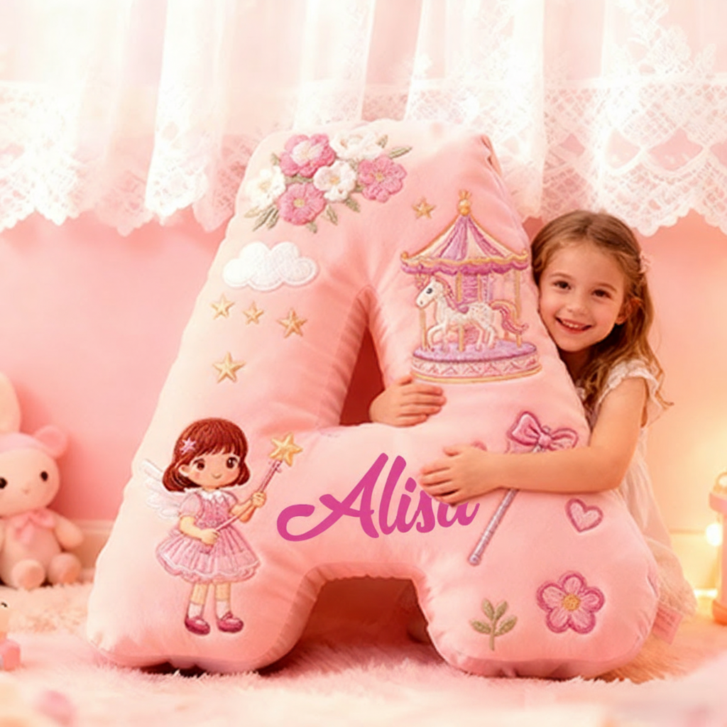 Personalized Pink Letter Christmas Gift Pillow Pink Fairy Tale Design Carousel Magic Wand Flowers and Whimsical Embroidery Graphic 3D Print Pillow
