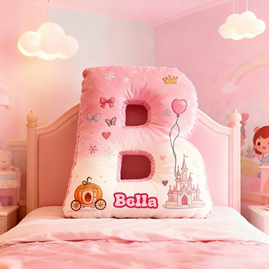 Personalized Letter Christmas Gift Pillow Princess Theme Castle Pumpkin Carriage Crown Balloons and Whimsical Fairy Tale Design Graphic 3D Print Pillow