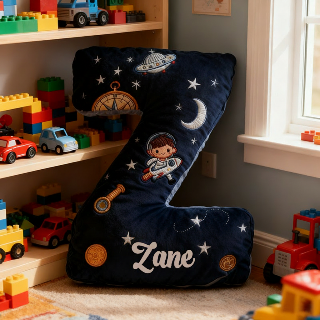 Personalized Space Themed Christmas Gift Pillow with Stars Moon Spaceship Compass Telescope and Astronaut Design Graphic 3D Print Pillow