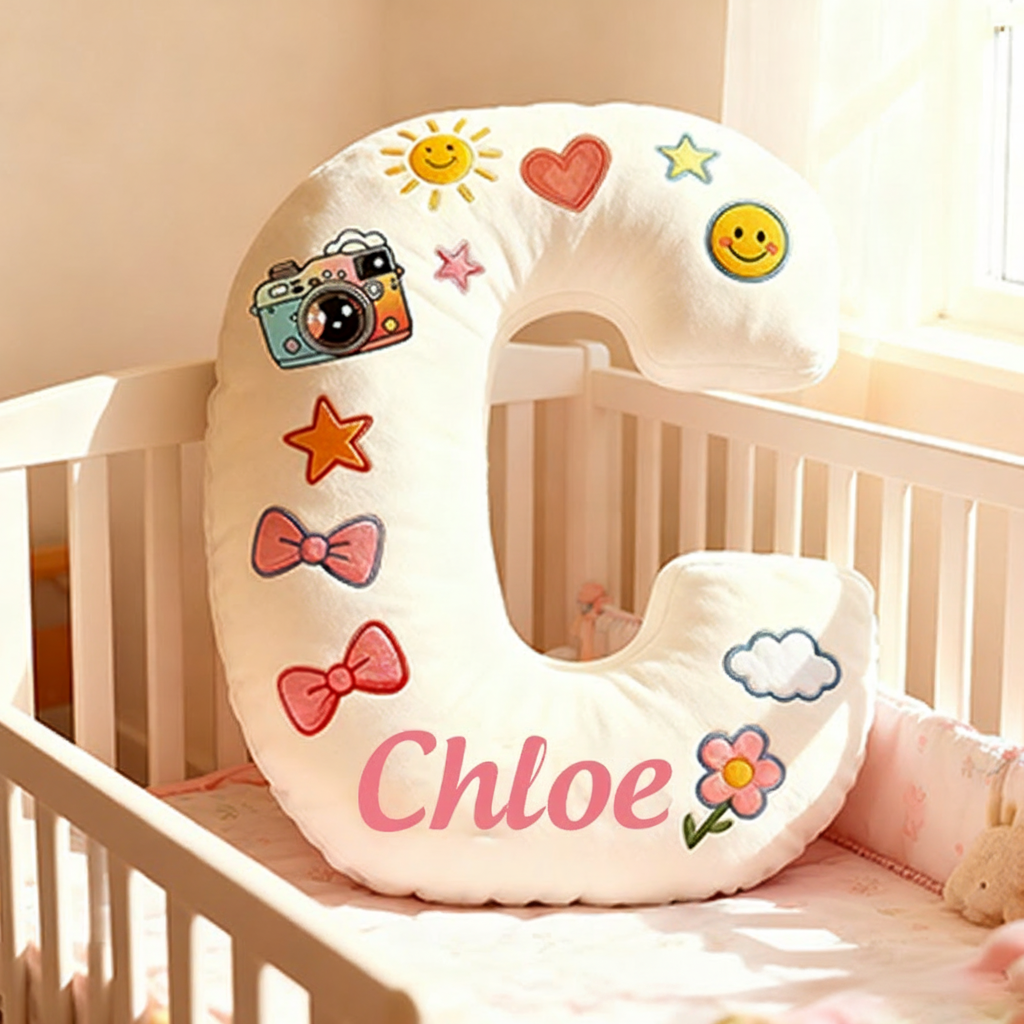 Personalized 26 Letters Shaped Christmas gift Pillow with Cute Camera Bowknots Flowers Smiley Faces Stars and Pastel Design Graphic 3D Print Pillow