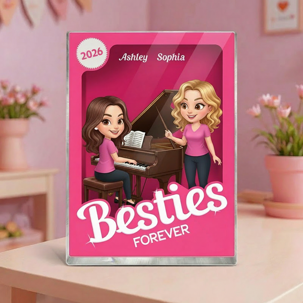 Personalized Besties Forever Pink Action Figure Acrylic Block Plaque Customizable with Photos and Names Meaningful Gift For Best Friend Piano Lovers Music Lovers