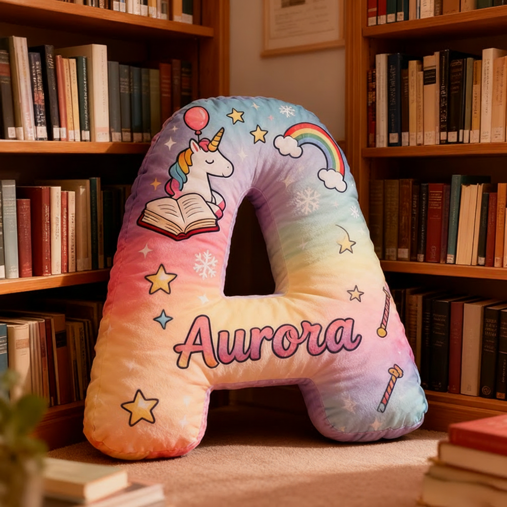 Personalized Gradient Letter Pillow with Magic Horse Stars Moon Balloons and Whimsical Fairytale Magic Inspired Graphic 3D Print Pillow Christmas Gift