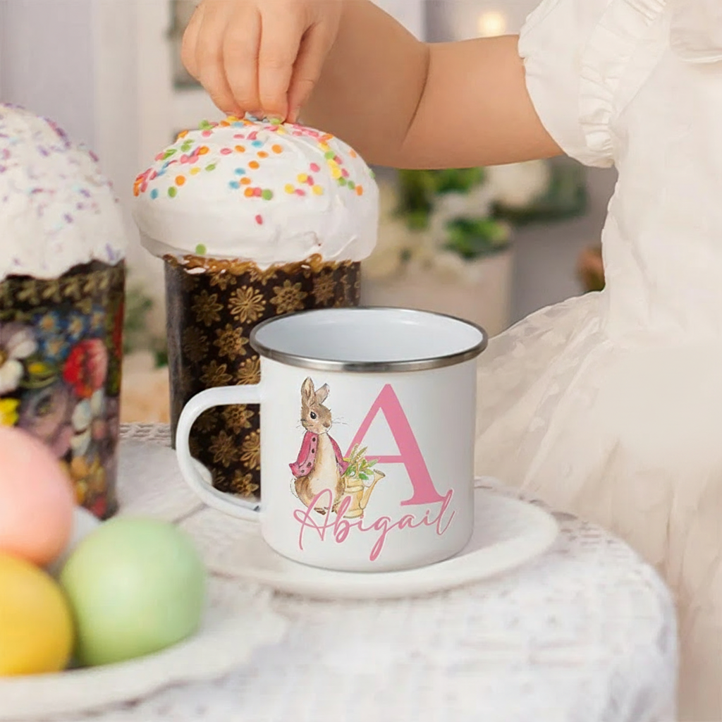 Personalized Cute Rabbit Bunny Enamel Mug with Initial and Name Back to School Birthday Easter Gift for Kids