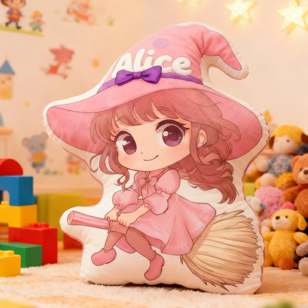 Personalized Graphic 3D Print Magic Witch Pillow with Your Name Soft Stuffed Toy for Kids Unique Decorative Cushion for Girls' Room