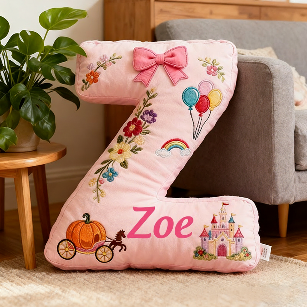 Personalized Pink Letter Christmas Gift Pillow with Castle Pumpkin Carriage Rainbow for a Fairytale Inspired Design Graphic 3D Print Pillow