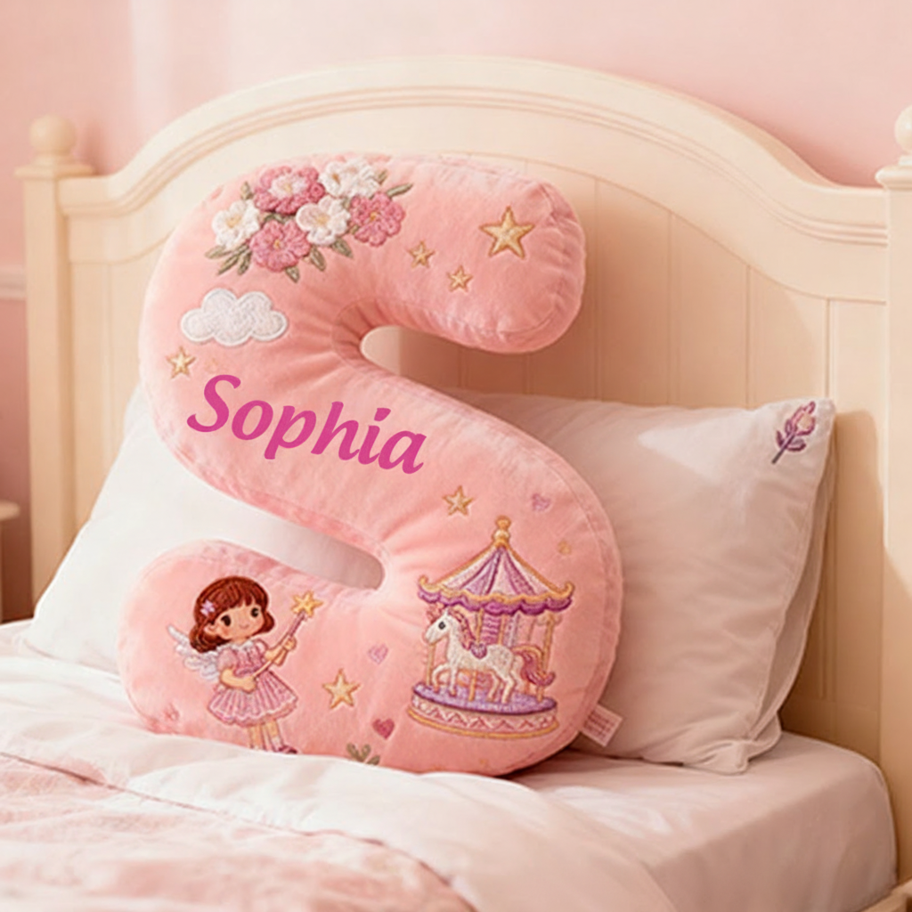Personalized Pink Letter Christmas Gift Pillow Pink Fairy Tale Design Carousel Magic Wand Flowers and Whimsical Embroidery Graphic 3D Print Pillow