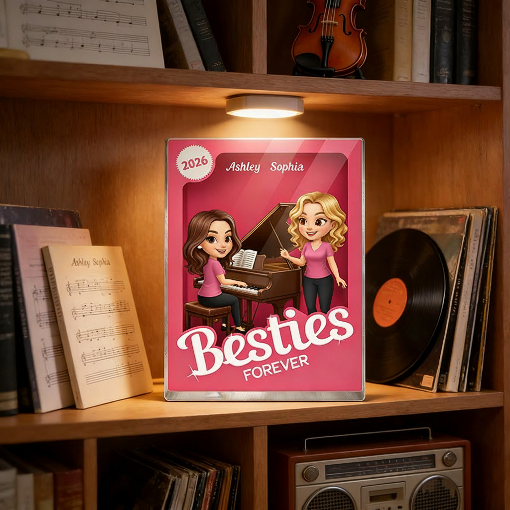 Personalized Besties Forever Pink Action Figure Acrylic Block Plaque Customizable with Photos and Names Meaningful Gift For Best Friend Piano Lovers Music Lovers