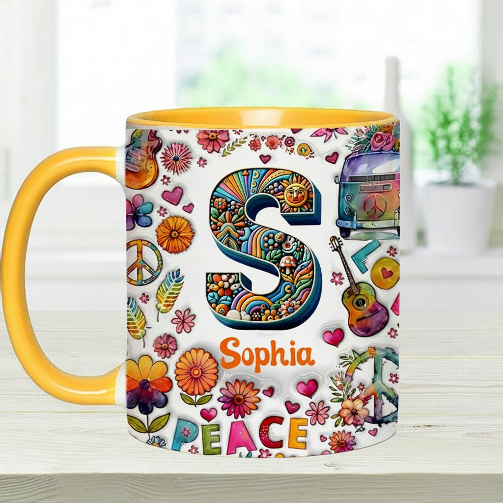 Personalized Hippie Soul Personalized name and Initial Letter mug Hippie Accent Mug for Holiday Decor Family Gifts and Party Favors
