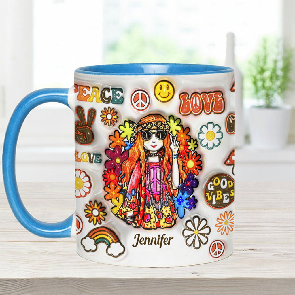 Personalized Name Hippie Accent Mug Hippie Girl Hippie Soul Peace Love Mug for Music Lover Gift