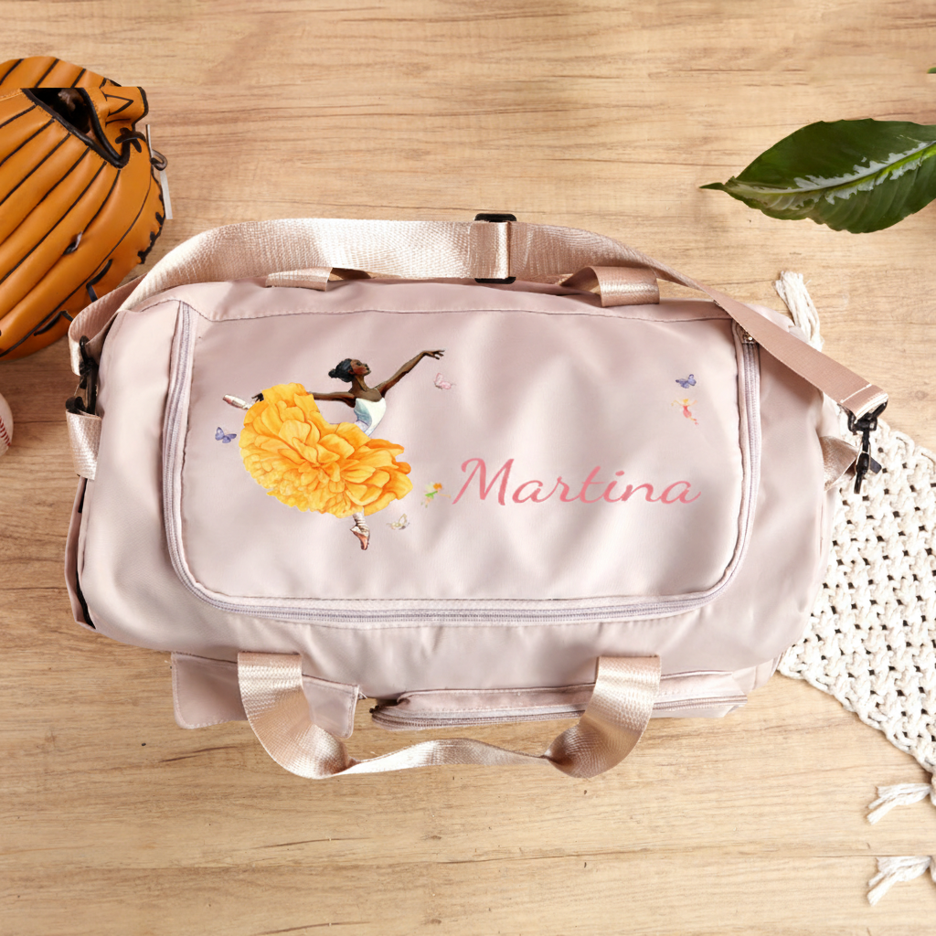 Personalized Ballet Girl Birth Flower Butterfly Waterproof Large Travel Duffle Bag Dance Bag with Shoe Compartment and Shoulder Strap for Dance Lover