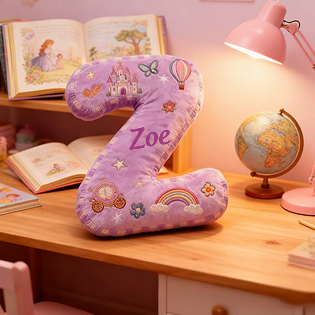 Personalized Princess Letter Christmas Gift Pillow Purple Design and Fairytale Embroidery Graphic 3D Print Pillow for Kids
