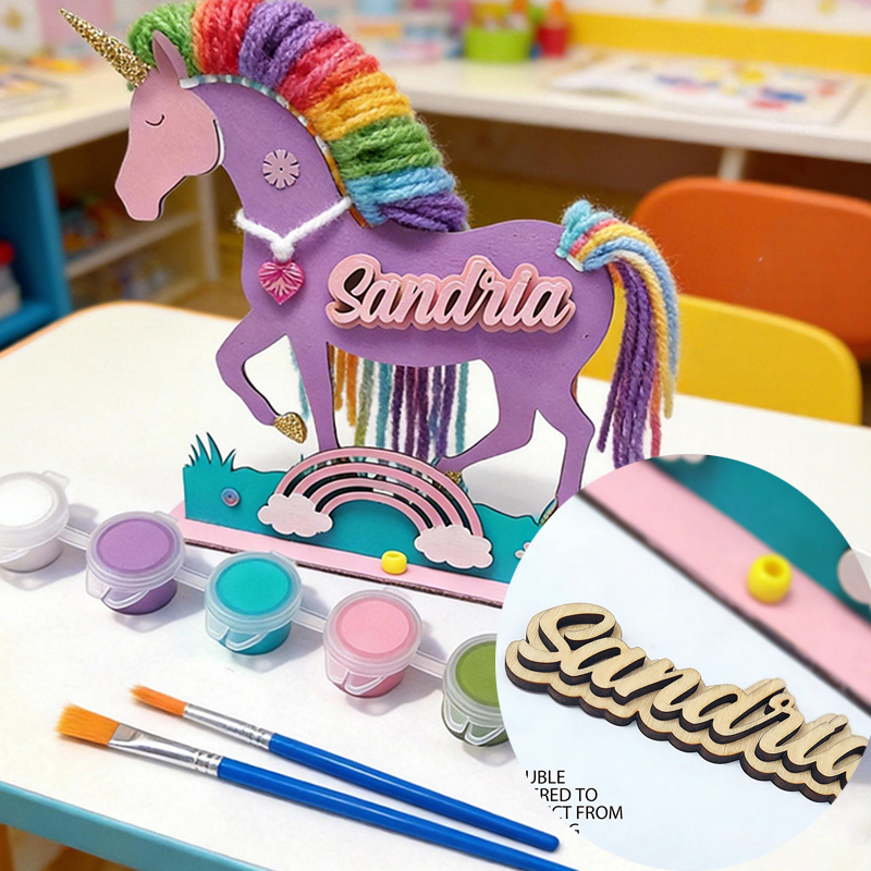 Personalized DIY Unicorn Craft Kit for Kids Custom Name Plaque Paints and Yarn for Creative Fun DIY Wood Macrame Paint Set