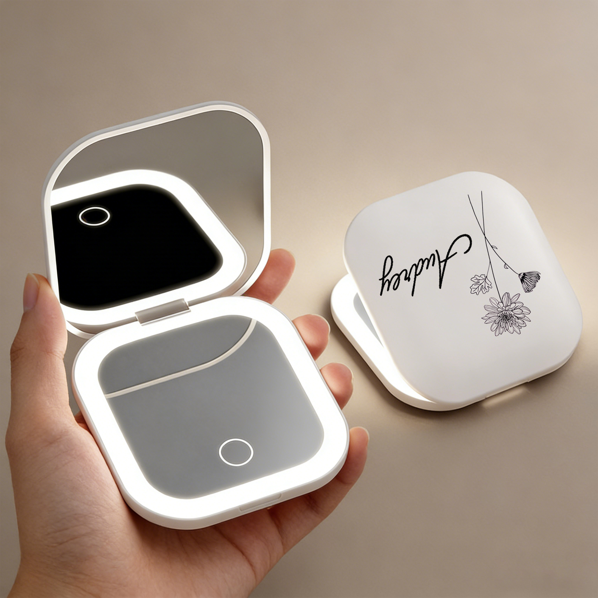 Personalized LED Makeup Mirror with Name and Birth Flower Foldable Travel Mirror for Women 3 Color Light 5X Magnification Rechargeable Gift