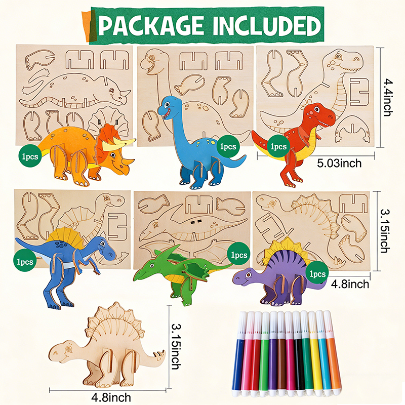 Personalized DIY Wooden 3D Dinosaur Puzzle Kit for Kids Creative Coloring with Markers Included