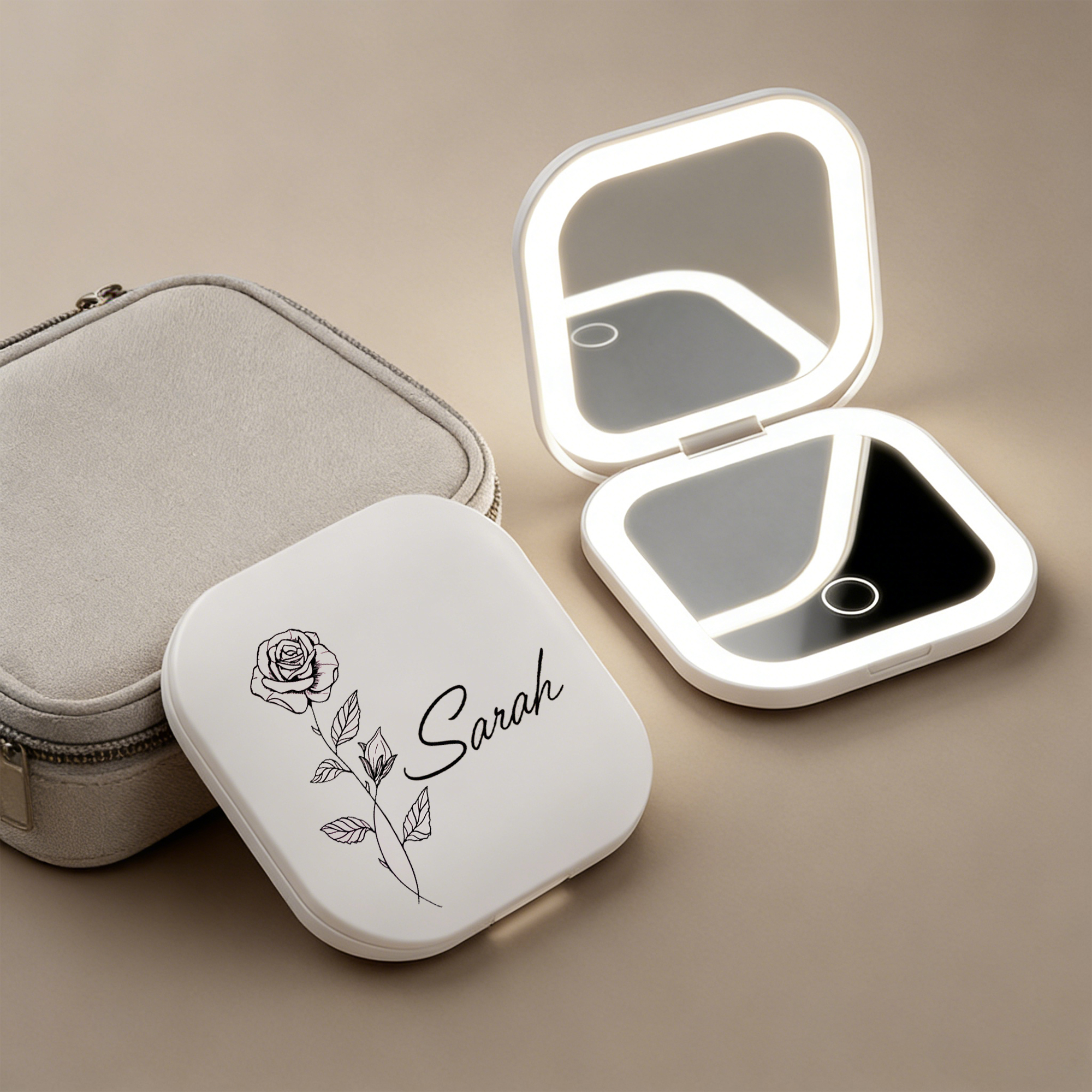 Personalized LED Makeup Mirror with Name and Birth Flower Foldable Travel Mirror for Women 3 Color Light 5X Magnification Rechargeable Gift