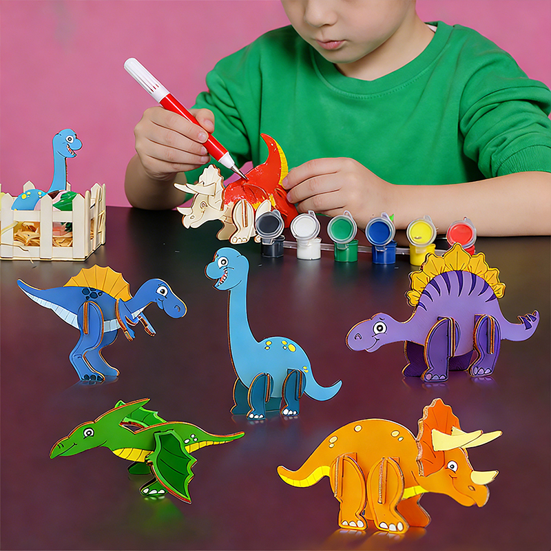 Personalized DIY Wooden 3D Dinosaur Puzzle Kit for Kids Creative Coloring with Markers Included