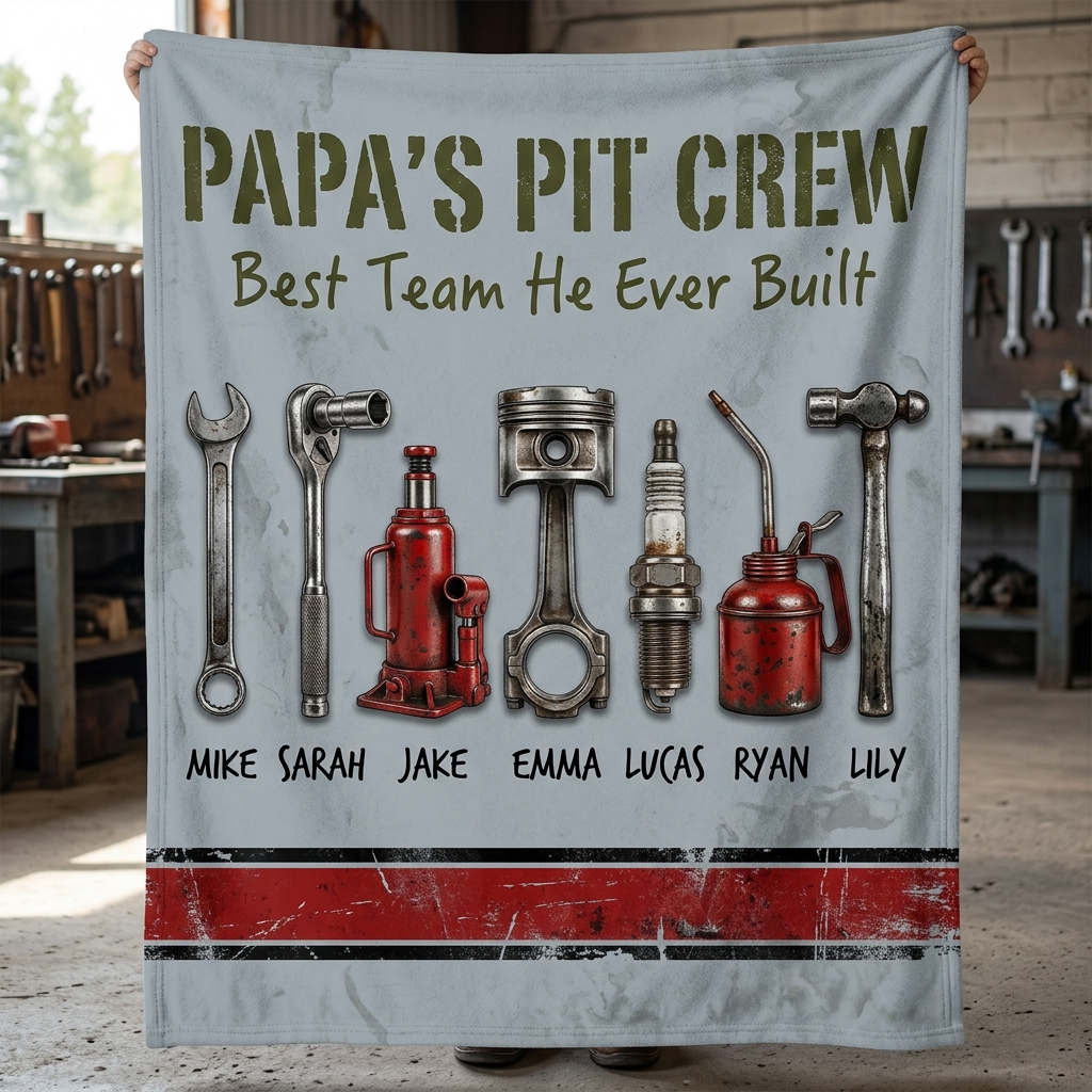 Personalized Papa's Pit Crew Vintage Auto Tools Personalized Family Name Fleece Blanket