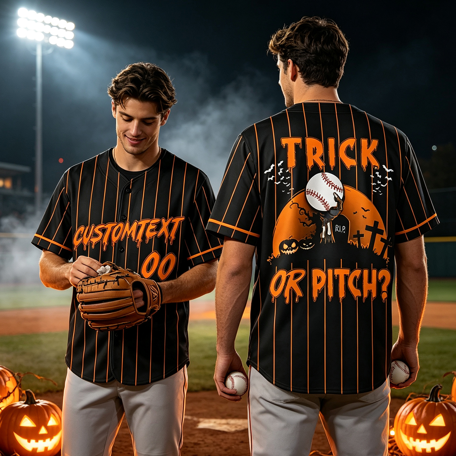 Personalized "Trick or Pitch" Themed Baseball Jersey for Halloween with Custom Name and Number