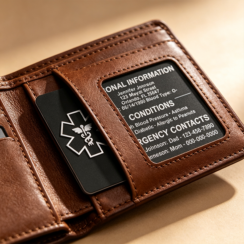 Personalized Medical Card & Keychain ID for Wallet, Aluminum Custom Engraved Emergency Contact, Personalized Metal Safety Alert for Medic Conditions