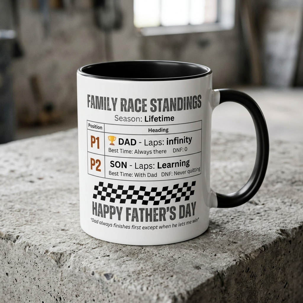 Personalized Family Lifetime Race Standings Father Son Racing Themed Two-Tone Coffee Mug For Father's Day