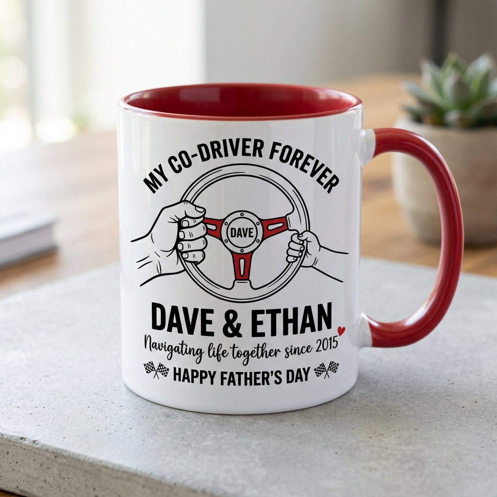 Personalized My Co-Driver Forever Father Son Racing Steering Wheel Personalized Name Year Two-Tone Coffee Mug