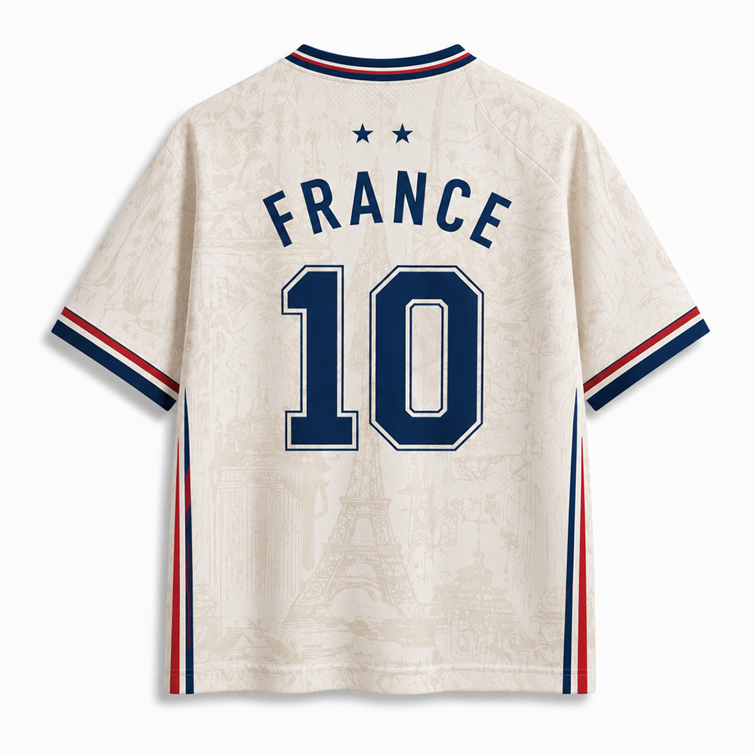 Personalized France Soccer Mesh Jersey Ivory Retro Soccer Shirt with Subtle Paris Print and Custom Name and Number