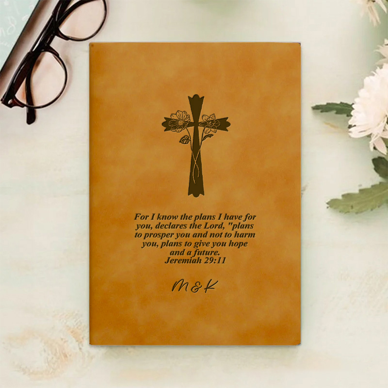 Personalized Engraved Cross Birth Flower Bible Verse Leather A5 Notebook with Name for Church Bible Study Christmas Easter Gift for Christian Prayer