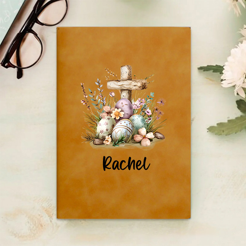 Personalized Floral Cross Easter Eggs Prayer Journal Leather A5 Notebook with Name for Church Bible Study Easter Gift for Family Friends Christian