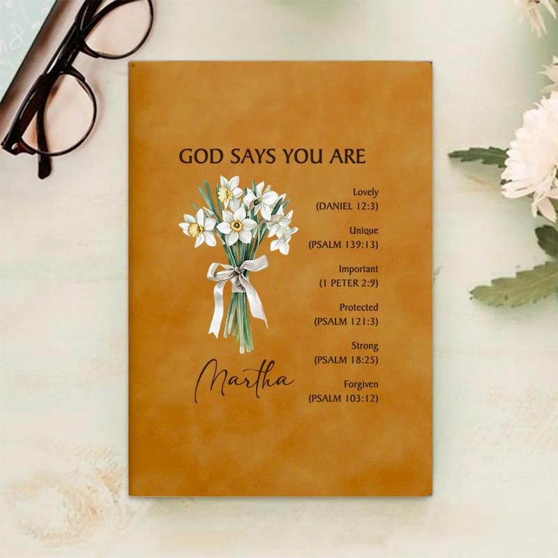 Personalized God Says You are Lovely Prayer Journal Leather A5 Notebook with Birth Flower Bouquet and Name Baptism Birthday Gift for Christians Women