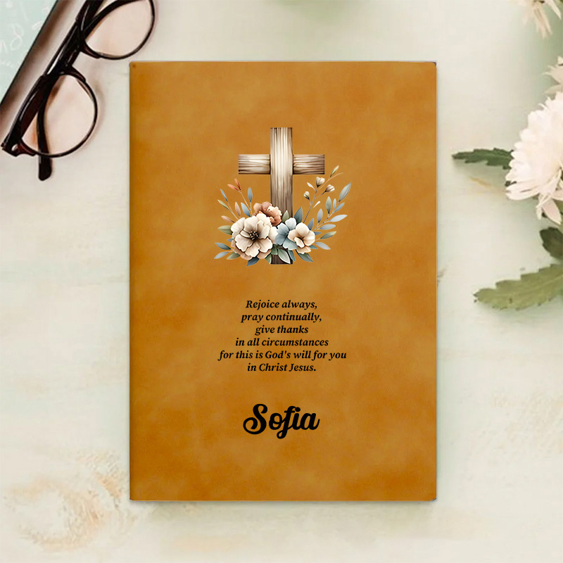 Personalized Floral Cross Bible Verse Prayer Journal Leather A5 Notebook with Name Church Study Birthday Gift Religious Christmas Gift for Christians