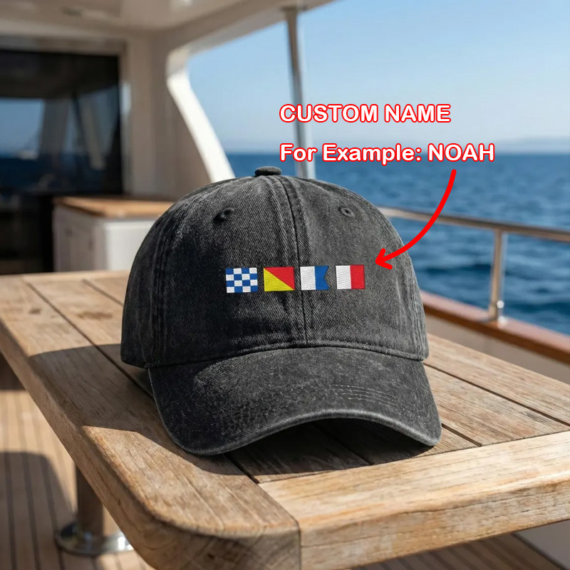 Personalized Distressed Denim Cap Custom Name In Nautical Flags Sailing Gift For Maritime Dad Captain