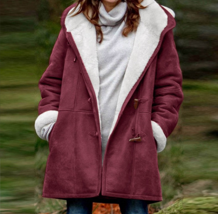 Едноцветно удобно палто с копчета, с качулка и джобове за жени, средна дължина и топла подплата