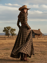 👗 Ретро дълга рокля с яка в червено-кафява шарка.