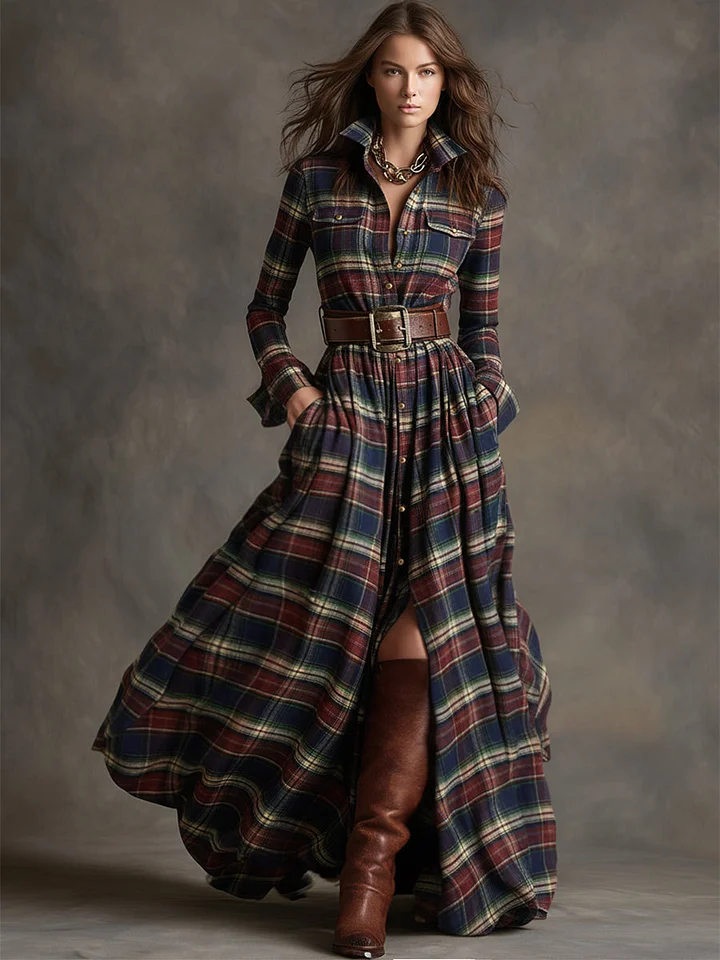 👗 Ретро дълга рокля с яка в червено-кафява шарка.