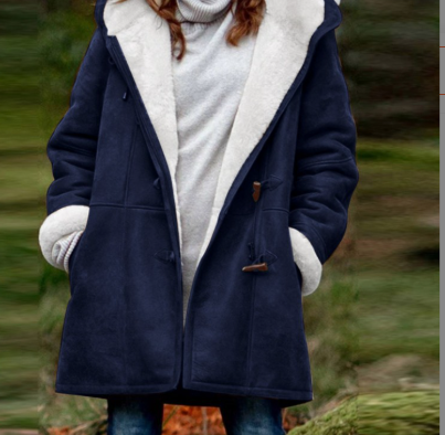 Едноцветно удобно палто с копчета, с качулка и джобове за жени, средна дължина и топла подплата