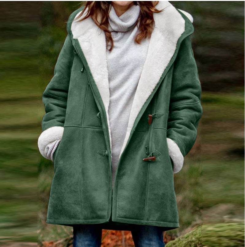 Едноцветно удобно палто с копчета, с качулка и джобове за жени, средна дължина и топла подплата