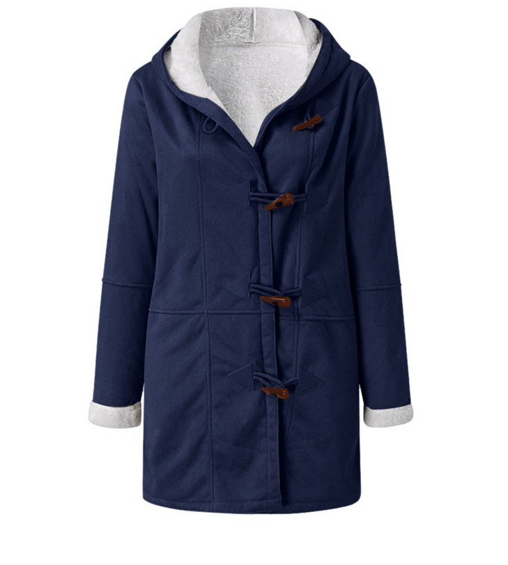 Едноцветно удобно палто с копчета, с качулка и джобове за жени, средна дължина и топла подплата