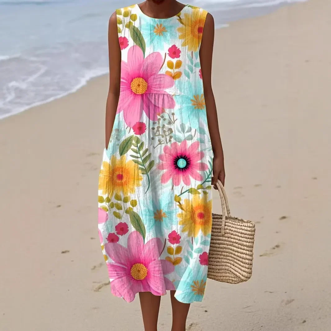 👉 Лятна дамска рокля без ръкави с кръгло деколте
