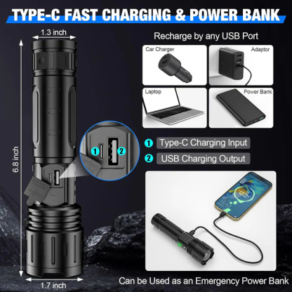 High-Power LED Tactical Flashlight - USB-C Rechargeable, IPX5 Waterproof Zoomable Torch