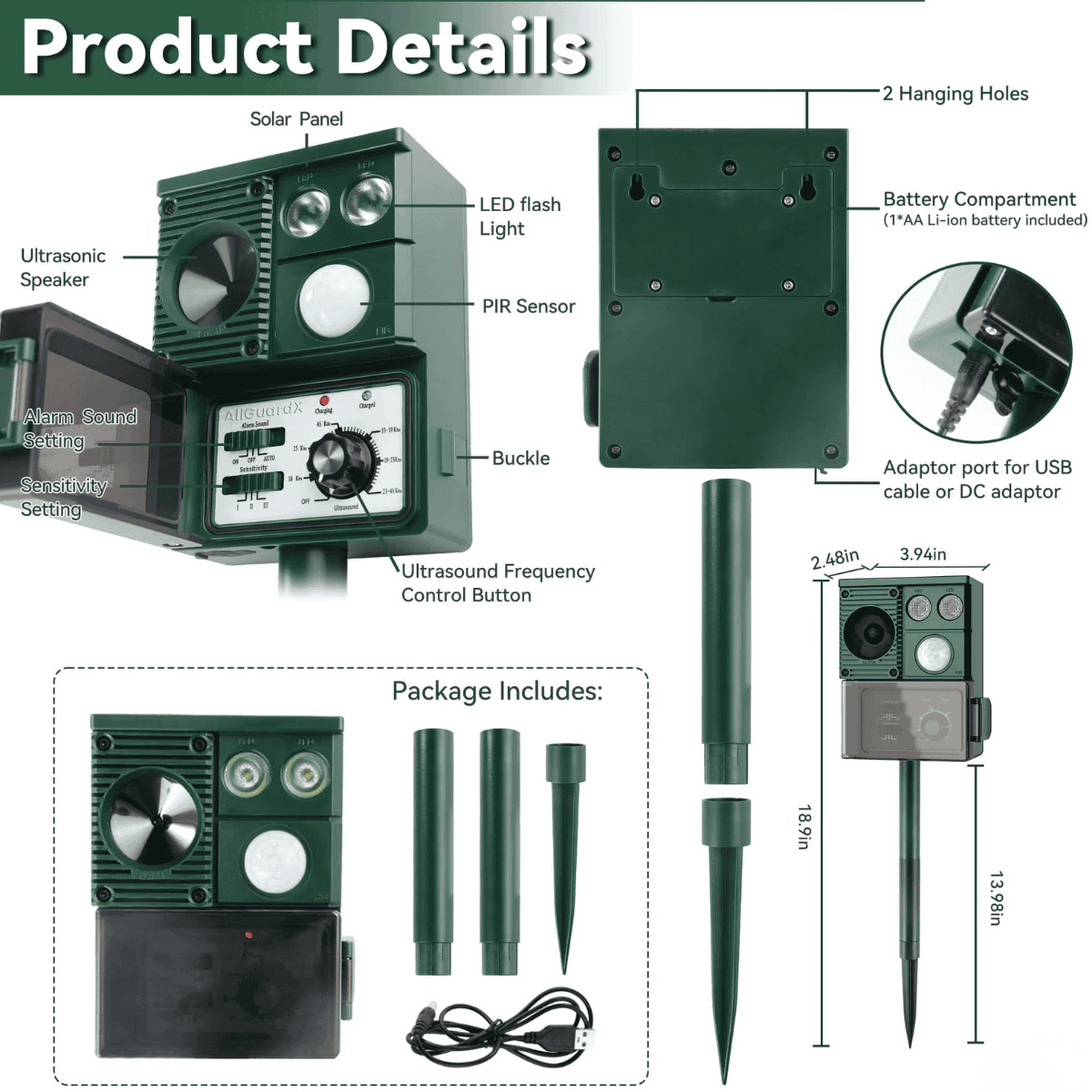 Professional Solar Ultrasonic Animal Repellent for Garden - Adjustable Frequency