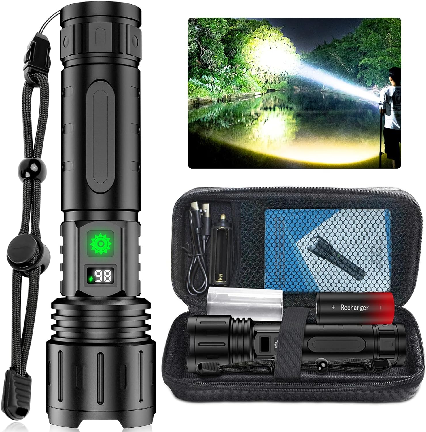 High-Power LED Tactical Flashlight - USB-C Rechargeable, IPX5 Waterproof Zoomable Torch