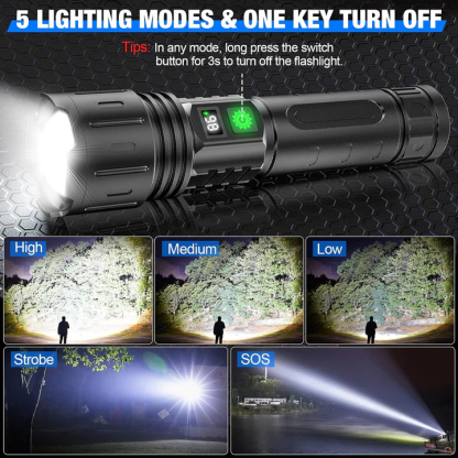 High-Power LED Tactical Flashlight - USB-C Rechargeable, IPX5 Waterproof Zoomable Torch
