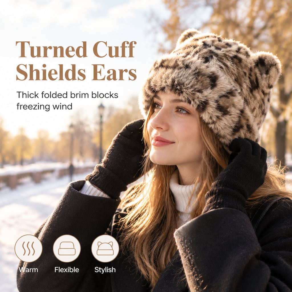 Fluffy leopard print beanie styled as a winter fashion accessory