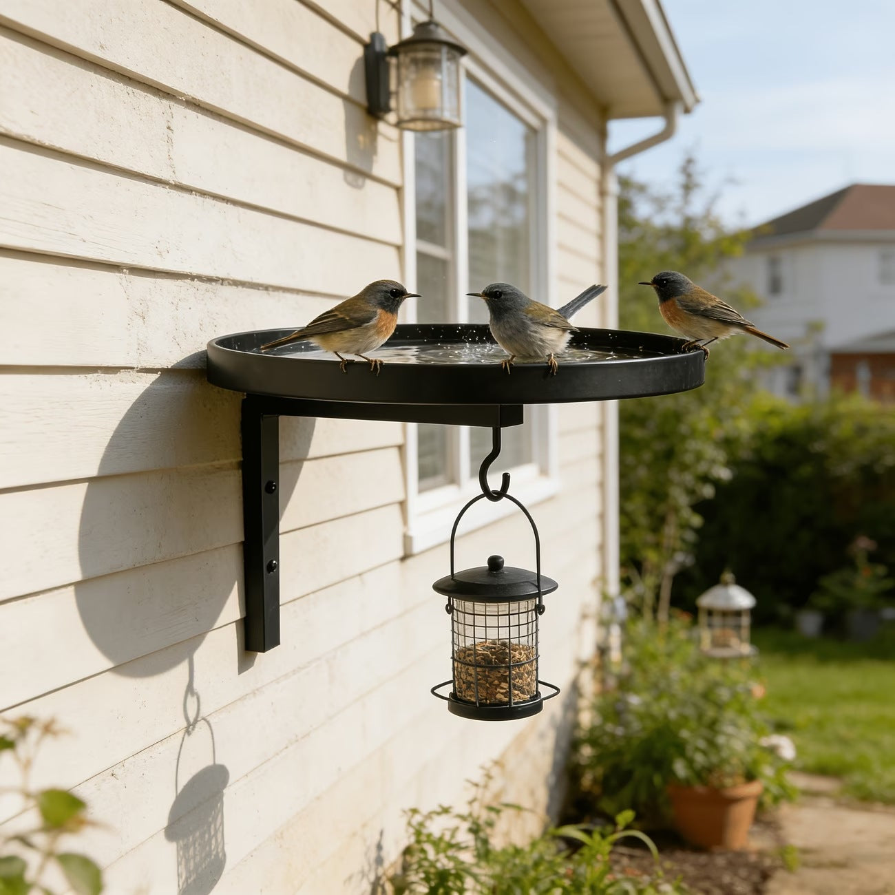 Vintage Metal Wall-Mounted Bird Bath Feeder with Hook – Rustic Outdoor Garden Decor for Wild Birds