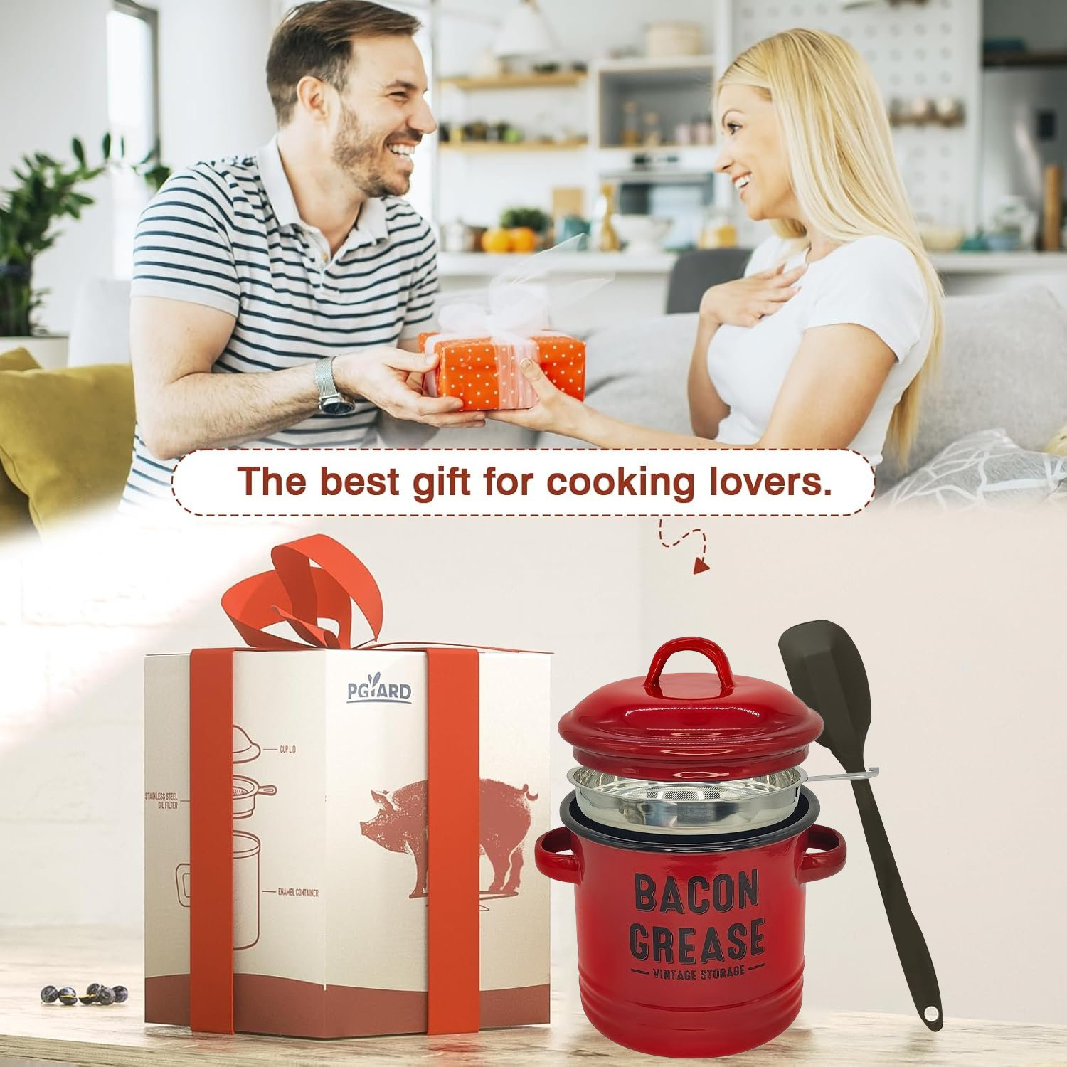 42 OZ Bacon Grease Container With Strainer And Food-Grade Silicone Spatula
