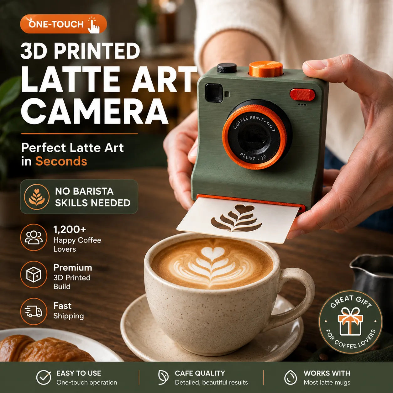 One-Touch Latte Art Camera – 3D Coffee Stencil Printer Kit for Custom Drink Designs