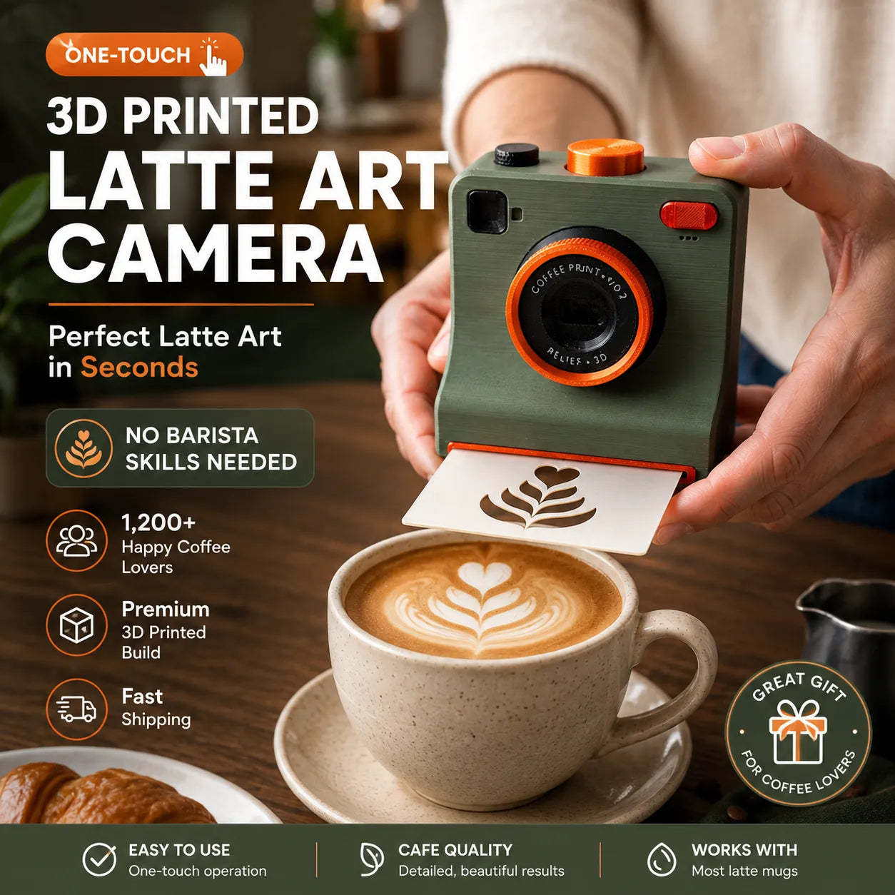 One-Touch Latte Art Camera – 3D Coffee Stencil Printer Kit for Custom Drink Designs