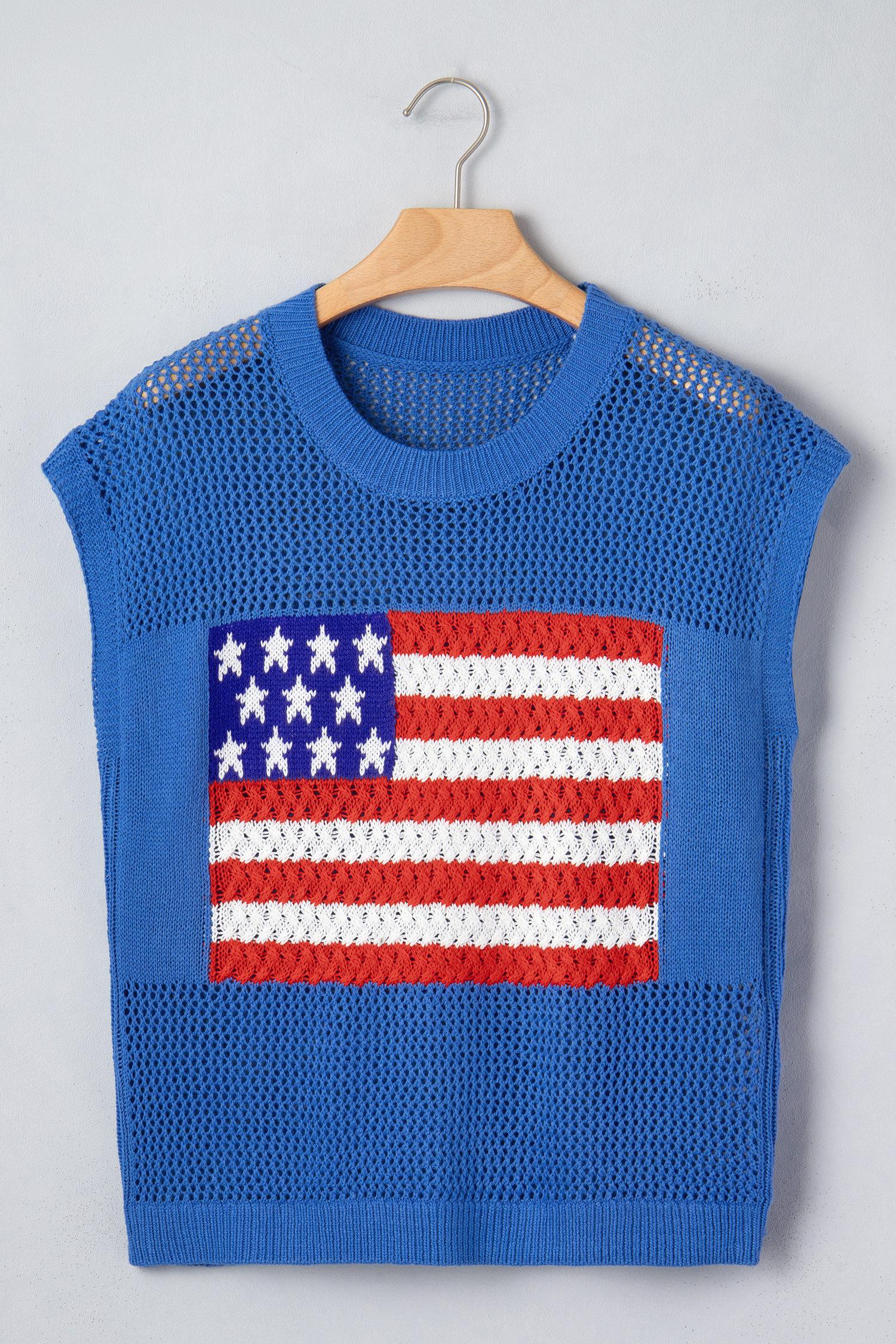 Mntaor Women's American Flag Graphic Relaxed Fit Short Sleeve Knit Sweater Top for Independence Day Festivals & Casual Streetwear Knitwear - Womenswear