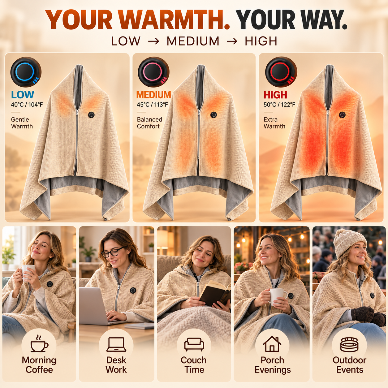 Three adjustable heating settings on the USB heated shawl